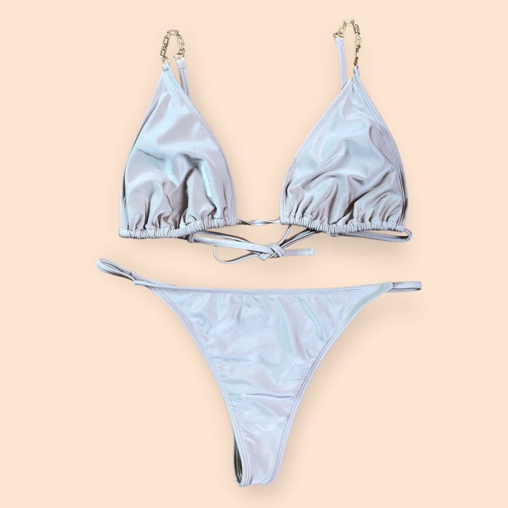 Shade & Shore Beige Shimmer Chain Two Piece Bikini Swimsuit Thong Women’s L/XL